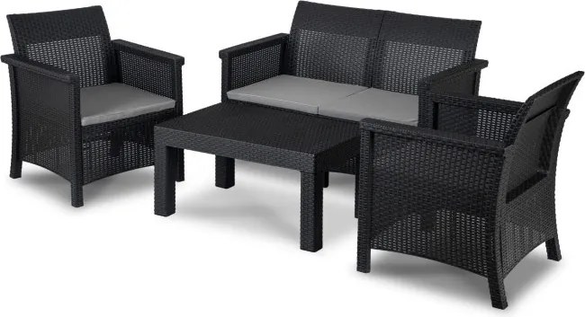 Zestaw Mebli Ogrodowych BRENTA Czarny/Szary 2xFotel Sofa Stolik Tarasowy Technorattan Nowoczesny