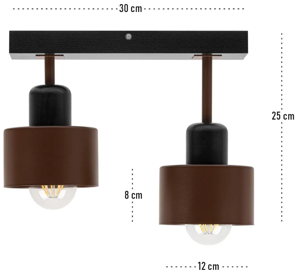 Brązowo-czarna lampa sufitowa, dwupunktowy spot DBR30x7SC z drewna i m