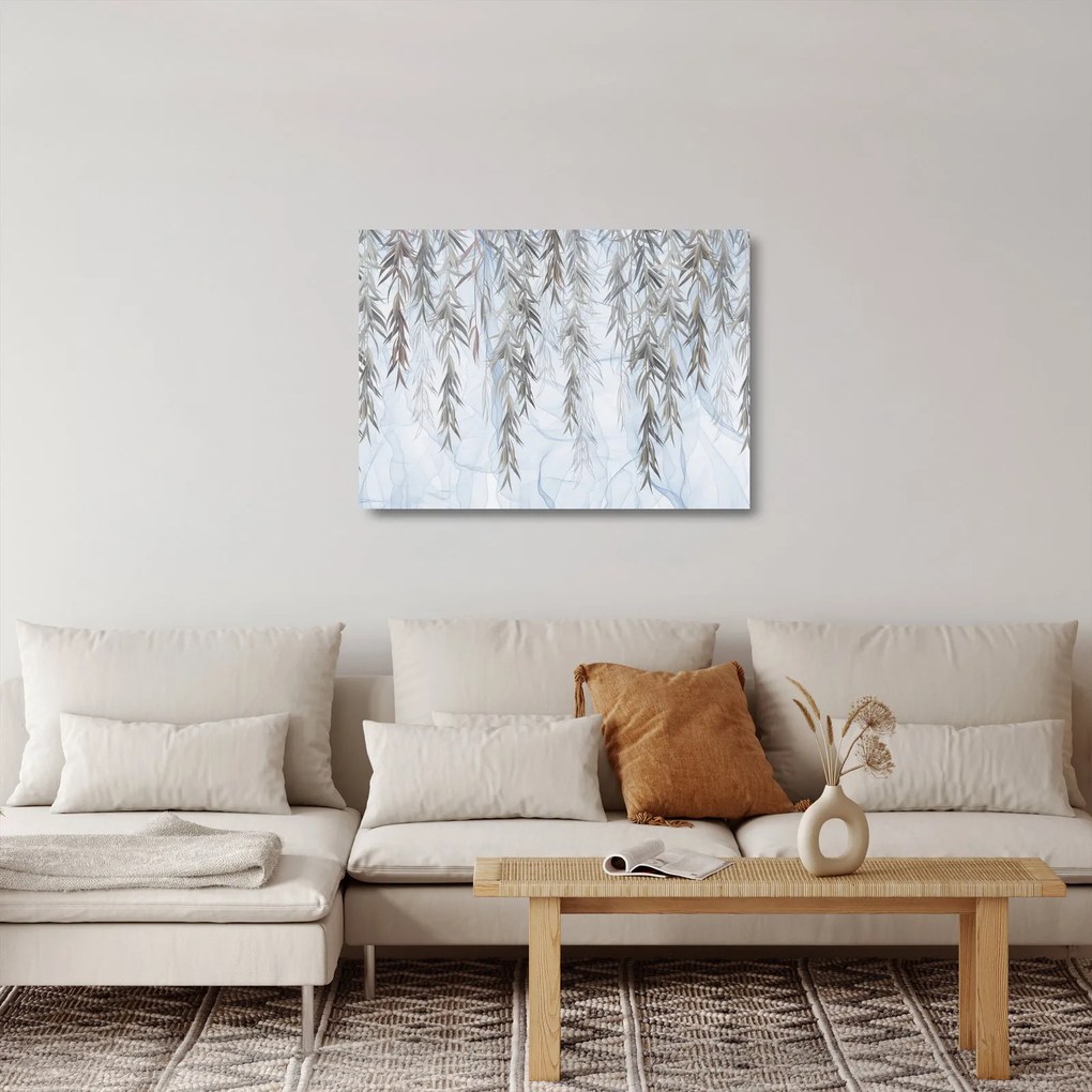 Obraz na szkle - Gałązki wierzby na niebieskim tle (70x50 cm)
