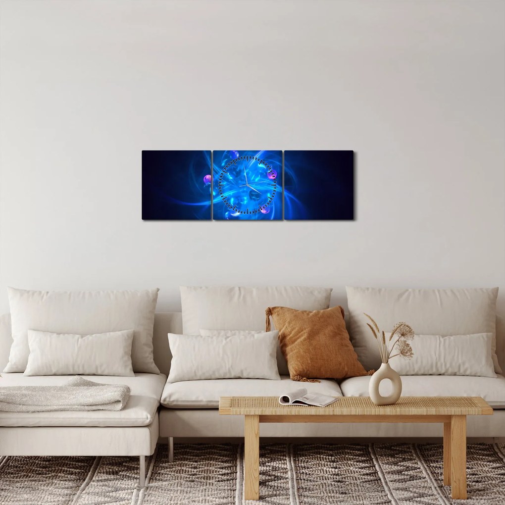 Nowoczesny obraz niebieskiej abstrakcji (z zegarem) (90x30 cm)