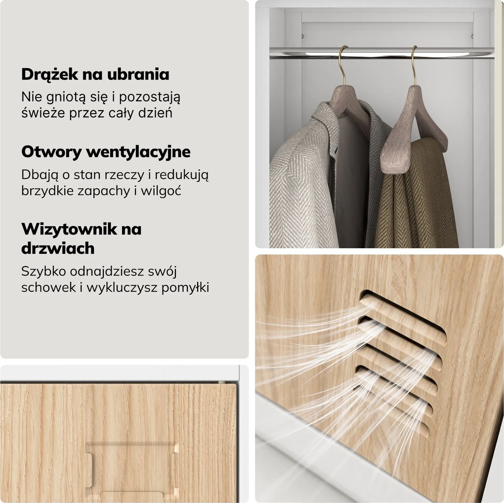 Szafka BHP ubraniowa, pracownicza, pojedyncza, 2 skrytki z drążkiem, biała/dąb sonoma, 316,5x1850x450 mm: IGOR 1 Plus Eco Design
