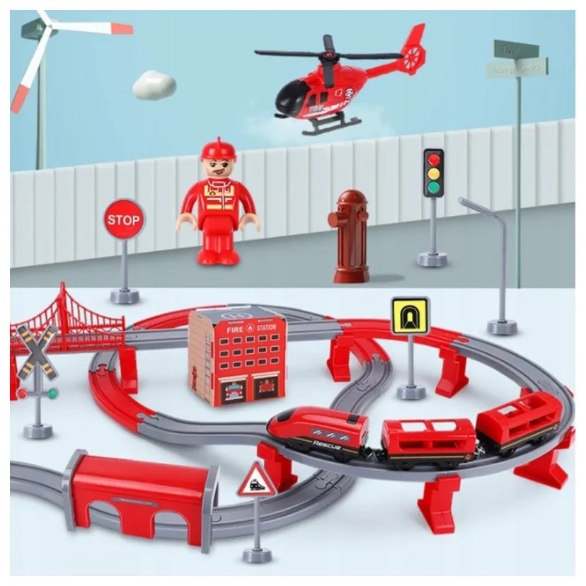 Woopie kolejka elektryczna tor samochodowy straż helikopter auta 92 el.