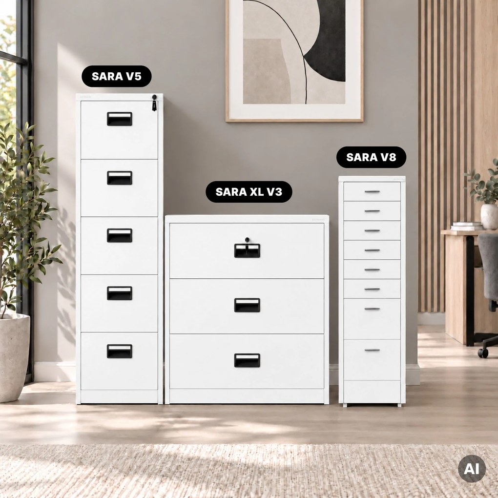 Szafka kartotekowa na kółkach, metalowa, 8 szuflad, na dokumenty, biała, 300x1100x600 mm: SARA V8