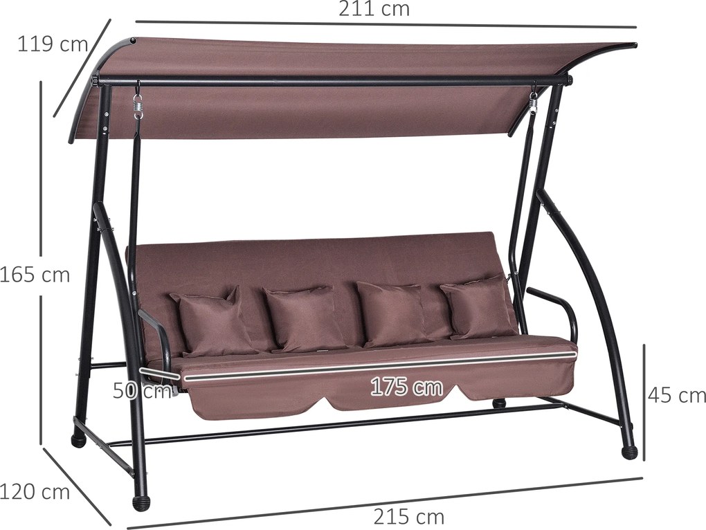 Outsunny Huśtawka Ogrodowa 3 Osobowa z Regulowanym Daszkiem Hamak Wiszący Brązowy Poliester 215x120x165cm | Aosom PL