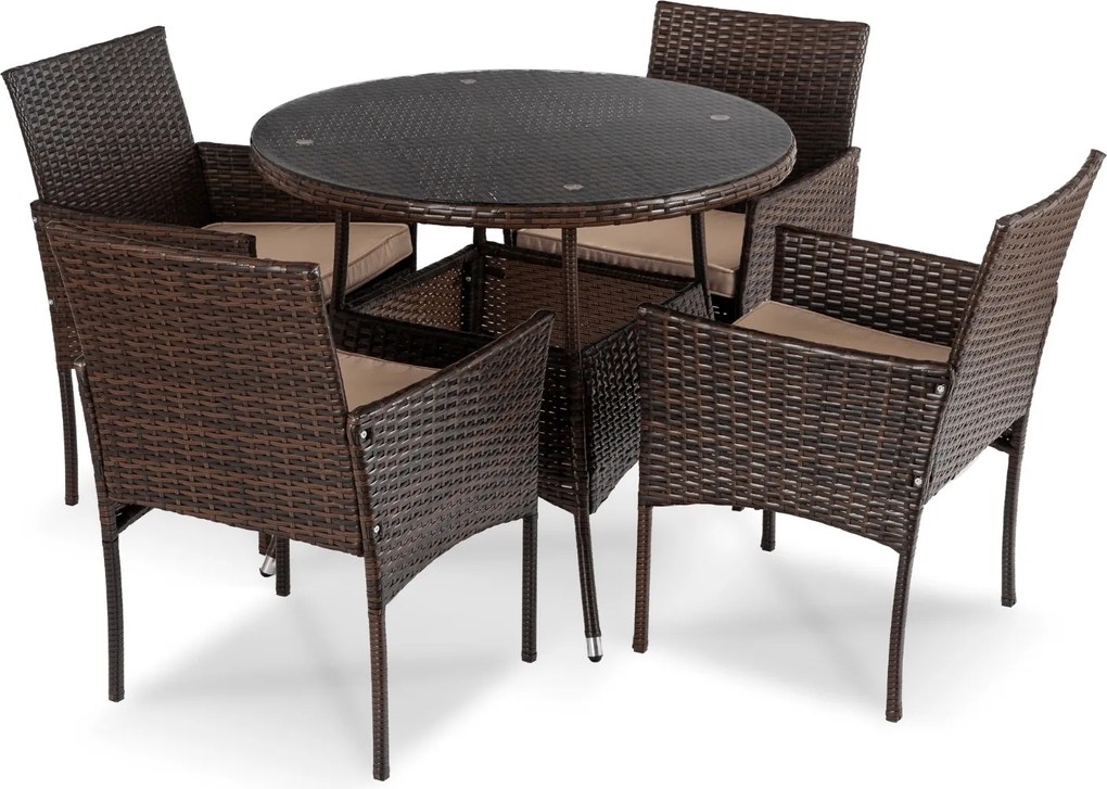 Zestaw mebli ogrodowych dla 4 osób Moreno - stół okrągły 90 cm i 4 krzesła, brązowy technorattan