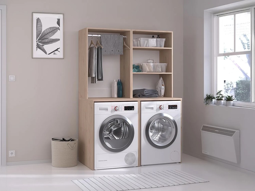 Szafka do pralni na 2 urządzenia z drążkiem i półkami - Naturalny jasny - wys. 184 x szer. 128 cm - ERKANO