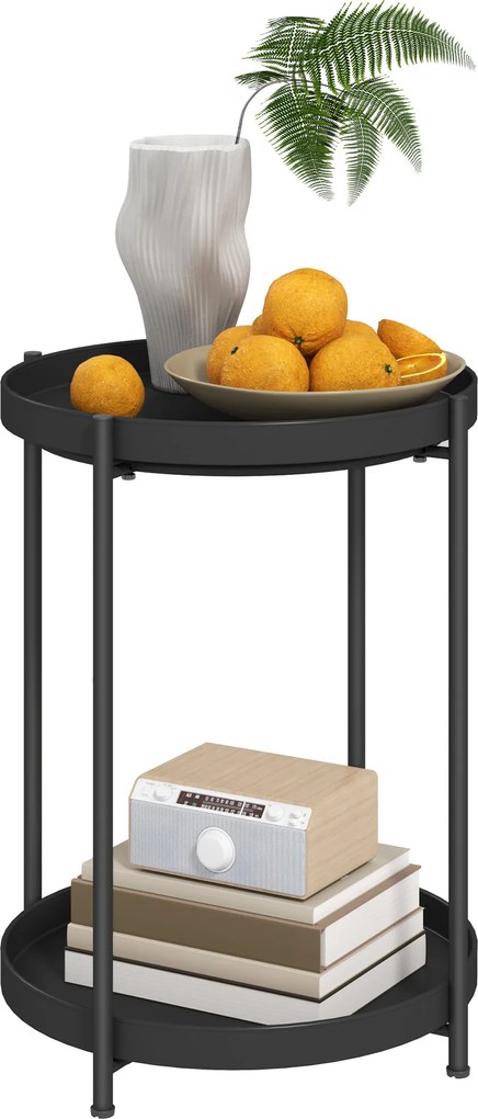 HOMCOM Okrągły stolik pomocniczy z półkami, 2-poziomowy stolik kawowy do salonu, sypialni, małych przestrzeni, metal, czarny