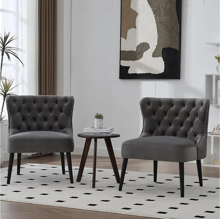 Krzesło szare - Krzesło z nitowanym wykończeniem i nogami z litego drewna - aksamit