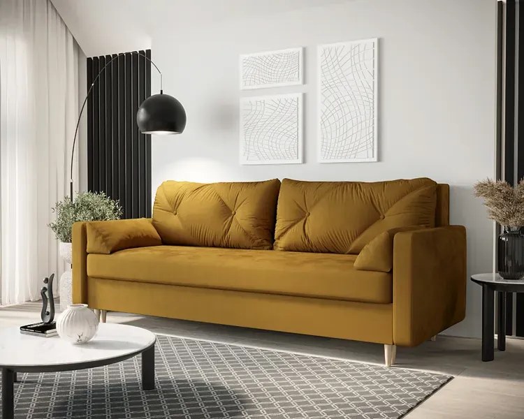 Musztardowa Sofa Rozkładana Z Pojemnikiem Na Pościel B0-B87