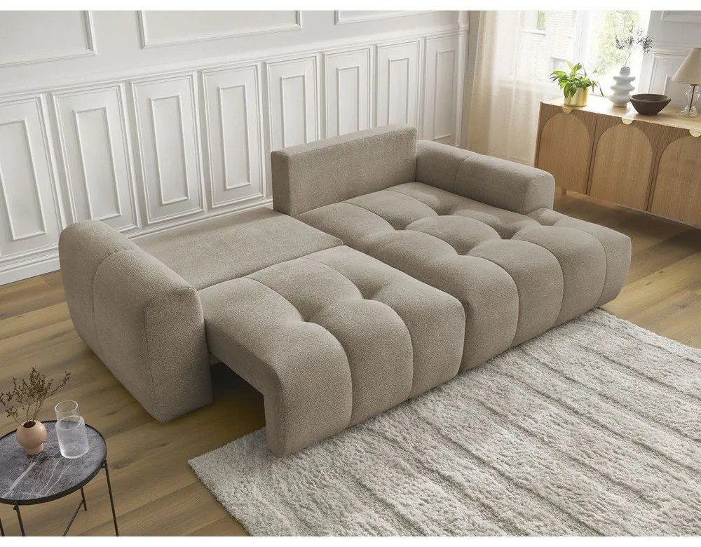 Beżowy rozkładany/ze schowkiem narożnik z tkaniny szenilowej (prawostronny/z szezlongiem) Roxelane – Bobochic Paris