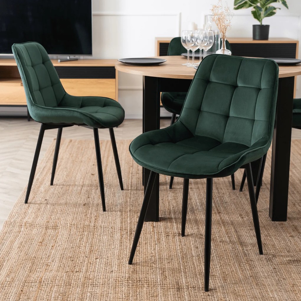 Zestaw Stół Okrągły Rozkładany HARRY 102-142 cm Dąb Craft/Czarny i 4 Krzesła Tapicerowane CHRIS Zielone Nowoczesne