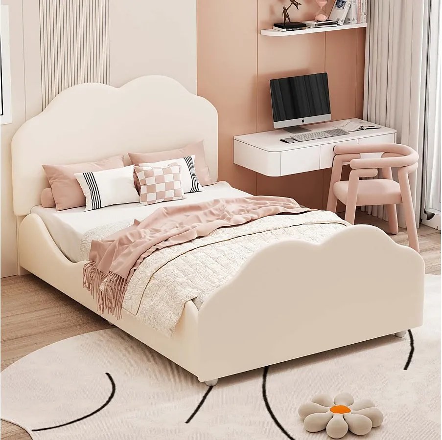 Łóżko dziecięce tapicerowane welurem - 90x200cm - z wezgłowiem w kształcie chmury + stelaż na listwy - Beżowe