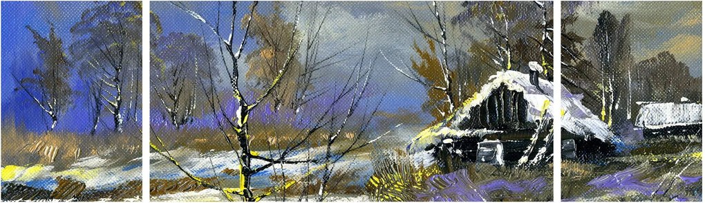 Obraz chaty w zimowym krajobrazie, obraz olejny (170x50 cm)