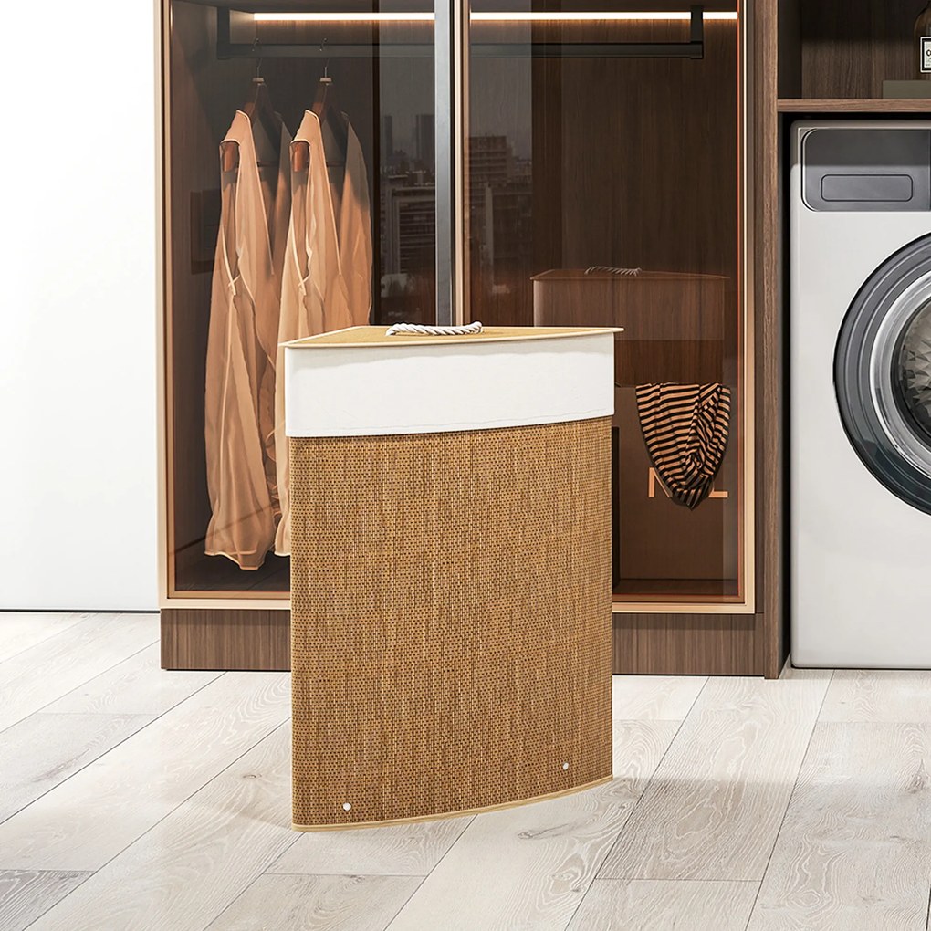 HOMCOM Kosz na pranie w kształcie narożnym z plecionki bambusa, 55 litrów, worek na ubrania, metalowa rama, Brązowy