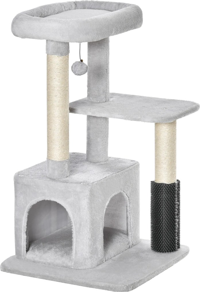 PawHut Drapak dla Kotów z Kącikiem do Masażu Jaskinią i Piłką Jasnoszary 48x48x80cm Kompleksowa Zabawa dla Twojego Kota | Aosom PL