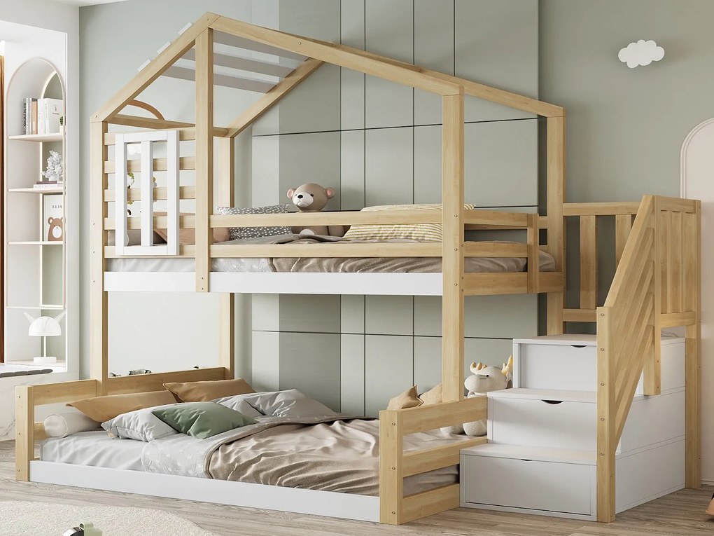 Łóżko piętrowe 90x200cm + 140x200cm z litego drewna - z barierkami i schodami do przechowywania - Biały i Naturalny