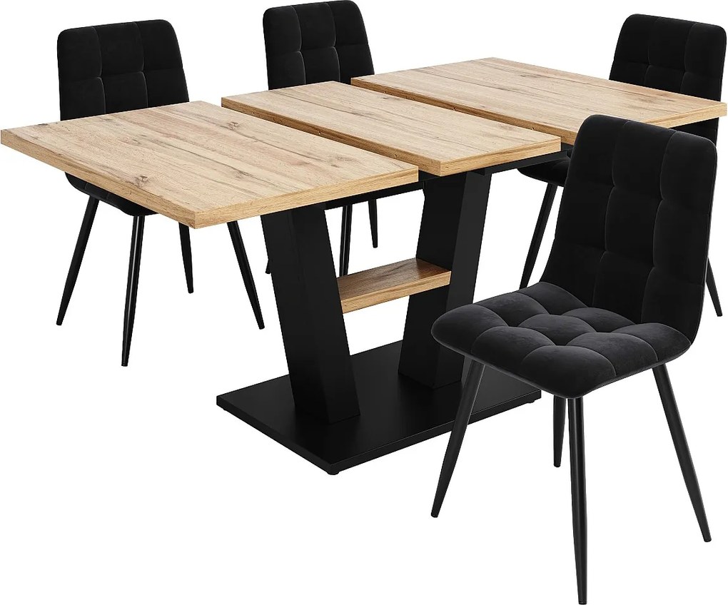 Zestaw stół rozkładany + 4 krzesła welurowe - 118/157 x 70 x 75 cm - MDF + nogi metalowe - naturalny + czarny