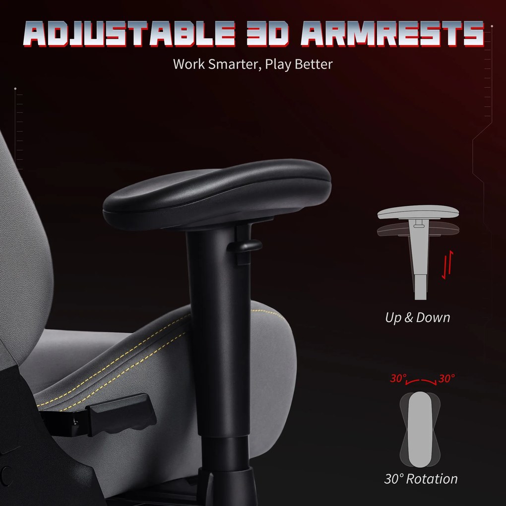 HOMCOM Ergonomiczny fotel gamingowy z regulowanymi podłokietnikami 3D, obrotowy fotel biurowy z podparciem lędźwiowym, szary