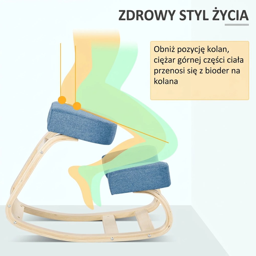 Vinsetto Krzesło klęcznik, ergonomiczny taboret do siedzenia, tapicerowany stołek dla zdrowej postawy, drewno brzozowe, wytrzymałość do 120 kg, niebieski | Aosom PL