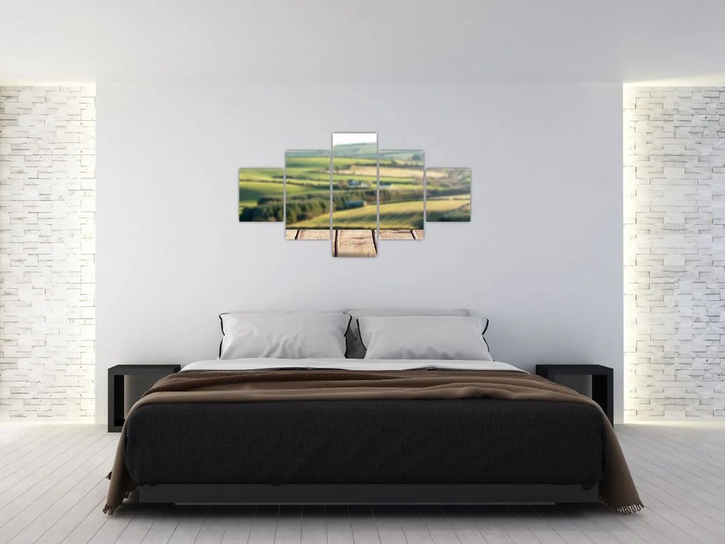 Obraz - Drewniana półka z krajobrazem (125x70 cm)