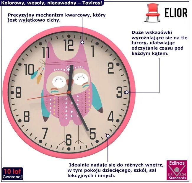 Różowy zegar dziecięcy z sową - Toviros 3X