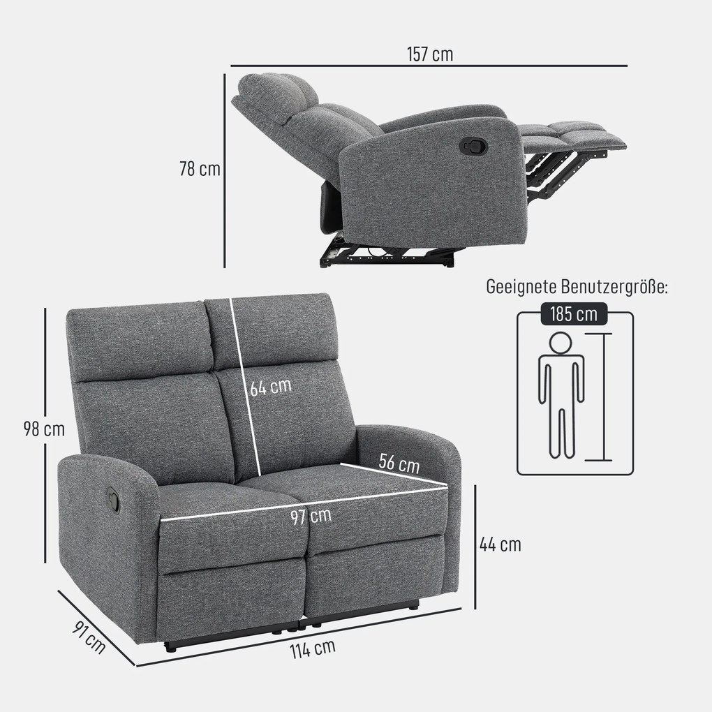 HOMCOM 2-osobowa sofa z regulowanymi oparciami, podnóżek, materiałowa tapicerka, stal, Szary