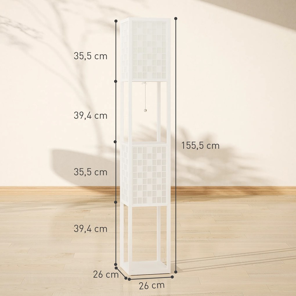 HOMCOM Lampa Podłogowa w Kratkę z 2-Poziomowymi Półkami, dla Różnych Żarówek, Biała