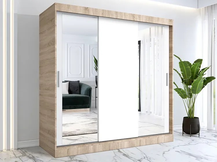 Szafa przesuwna dąb sonoma + biały 200 cm - Seko 6X
