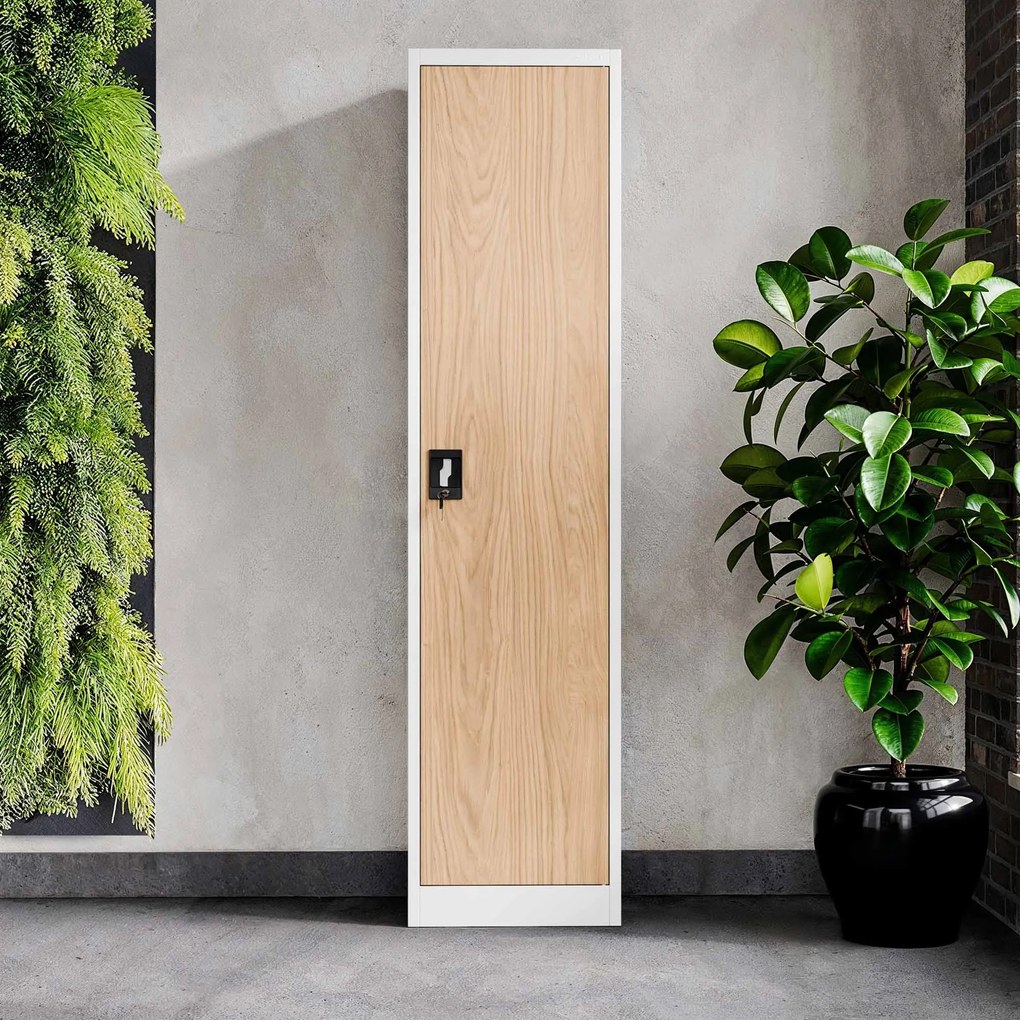 Biurowa szafa metalowa ALEX, 450 x 1850 x 400 mm, Eco Design: biała/ dąb sonoma