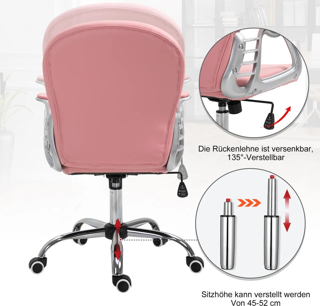 HOMCOM Ergonomiczne krzesło biurowe wyściełane różowe oparcie regulowane PU 59x60x95–105 cm | Aosom PL