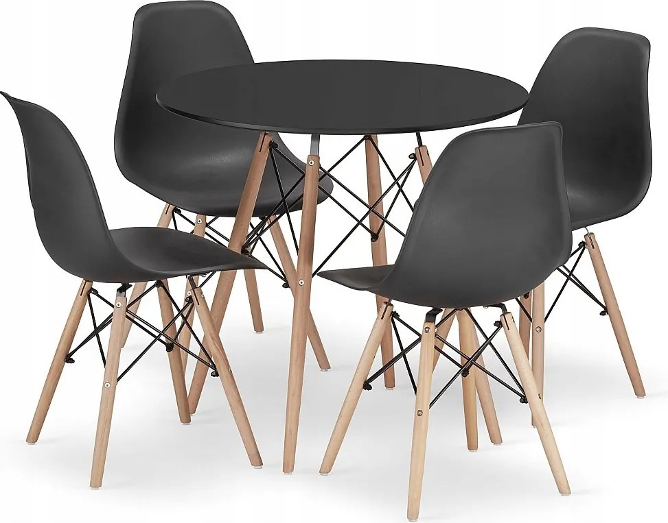 Zestaw obiadowy Valora | Okrągły stół KOVA 80 cm, czarny + 4 czarne krzesła OSAKA