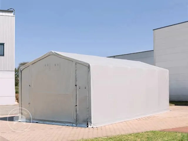 TOOLPORT 5x8m Hala namiotowa - 3,0 m wysokość ścian bocznych z podciąganą do góry bramą, PRIMEtex 2300, szary, ze statyką (podłoże gruntowe) - (93959)