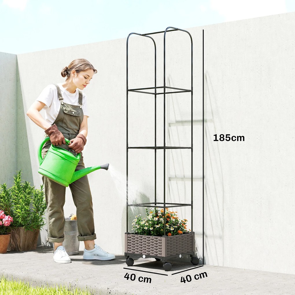 Outsunny Podwyższona grządka z kratką mobilna skrzynka na rośliny z rolką i otworem odpływowym, skrzynka 40 x 40 x 185 cm | Aosom PL