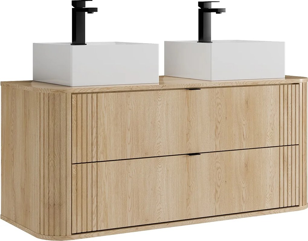 Szafka łazienkowa wisząca z podwójną umywalką nablatową kwadratową i baterią - Jasne naturalne drewno - szer. 120 cm - FILOR