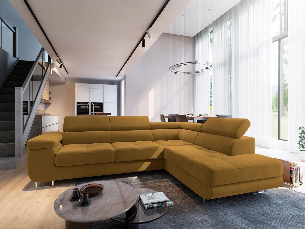 Masseno Narożnik SELVA z Funkcją Spania i Pojemnikiem na Pościel Narożnik L, Rozkładana sofa - Żółty, MONOLITH 48