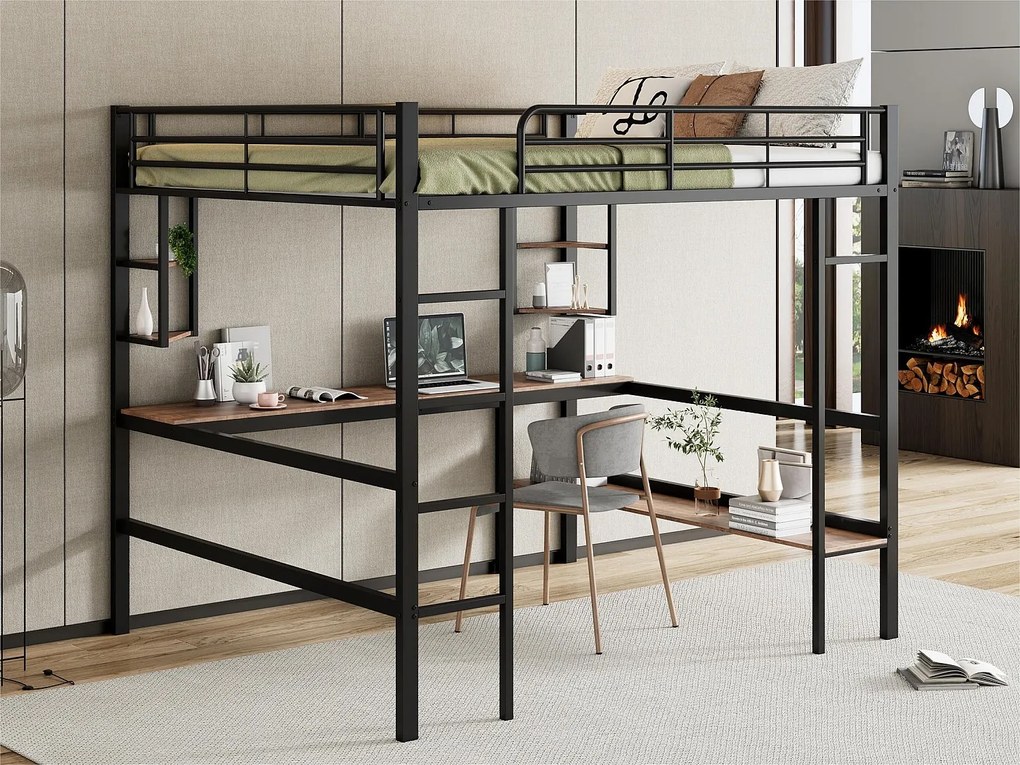 Łóżko mezzanine metalowe - 140x200cm - z biurkiem i 5 półkami - Czarne