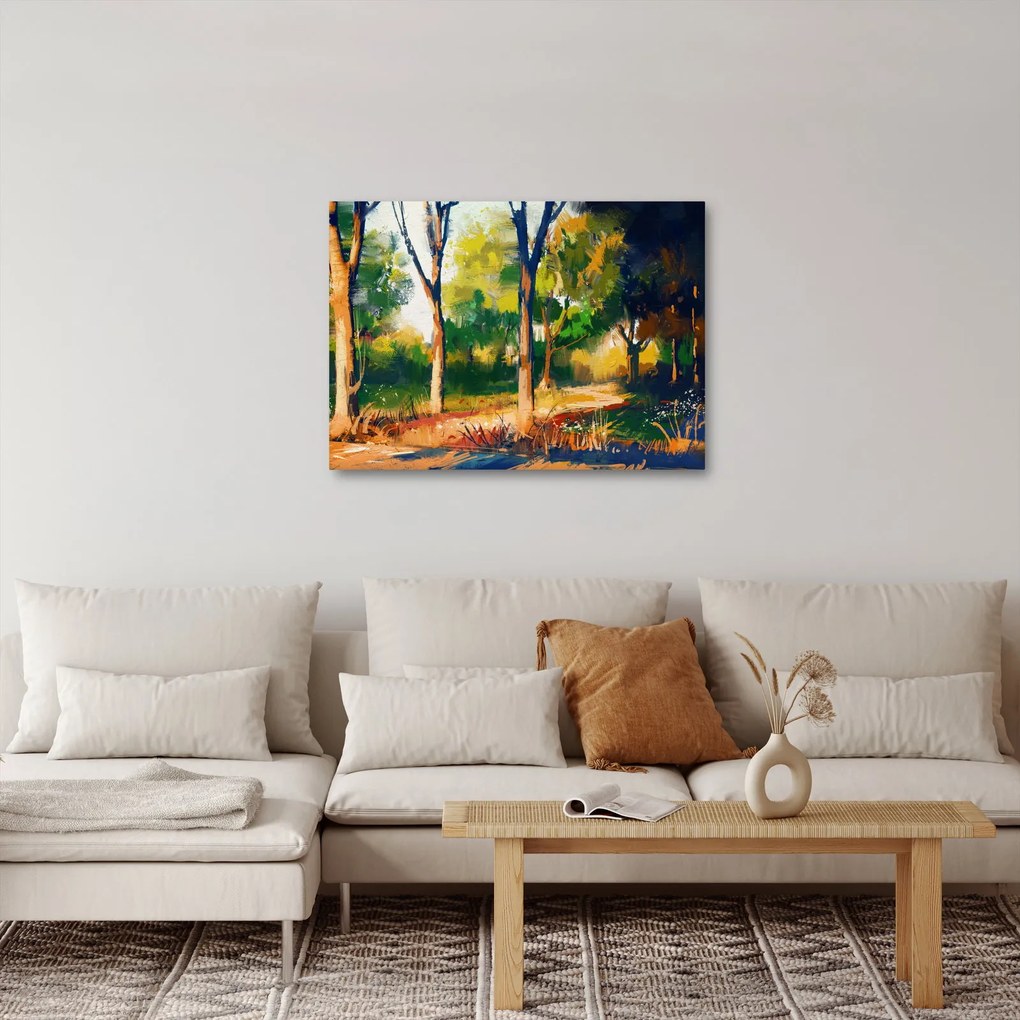 Obraz lasu w letnim słońcu, malarstwo (70x50 cm)