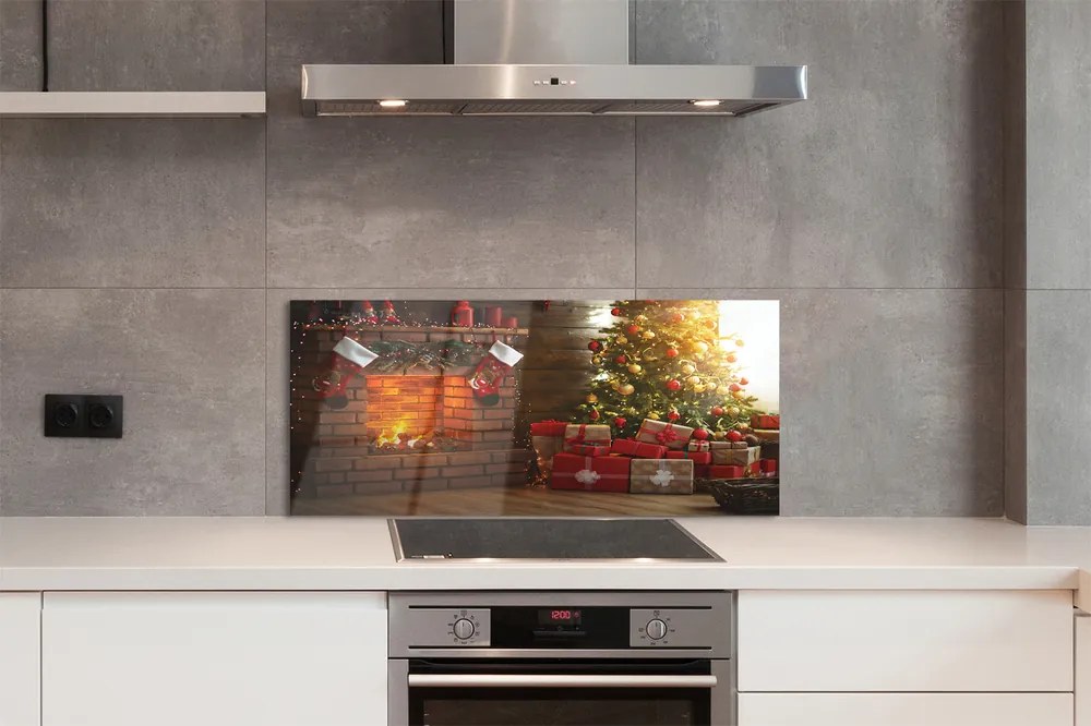 Szklany Panel Świąteczny Kominek z Prezentami