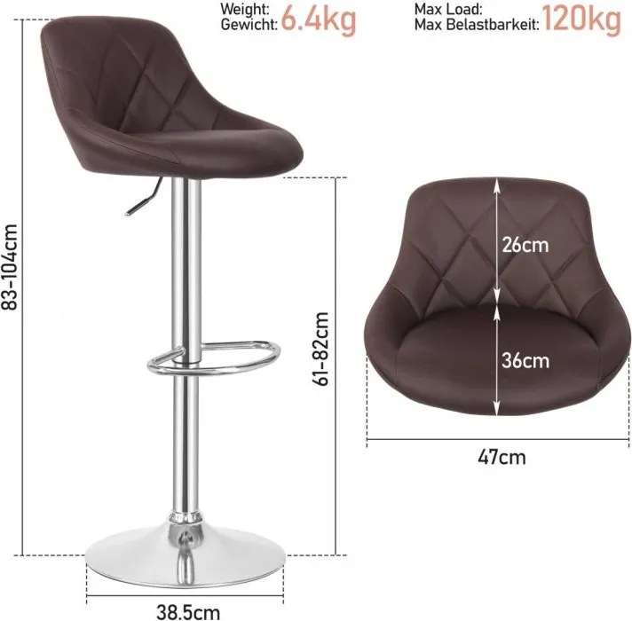 MIADOMODO Stołek barowy 2 szt, bez podłokietnika, brązowy