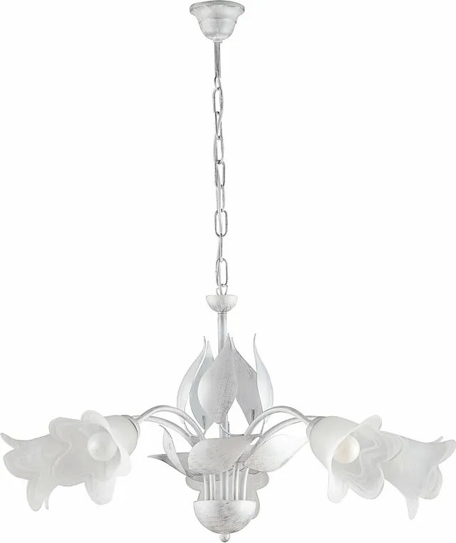 Olga – żyrandol z białego lakierowanego żelaza, zdobienia w kolorze antycznego srebra, klosze z białego alabastru Ø14 cm, klasyczny styl, 5 świateł