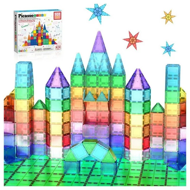 PicassoTiles magnetyczny zestaw konstrukcyjny 101sztuk, podstawowe klocki konstrukcyjne