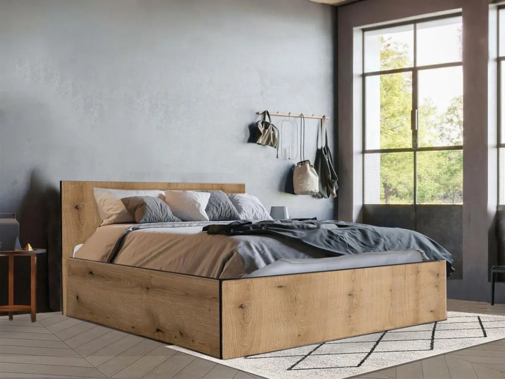 Łóżko ze skrzynią 140 x 190 cm - Kolory: Naturalny i antracytowy + Materac - ELPHEGE
