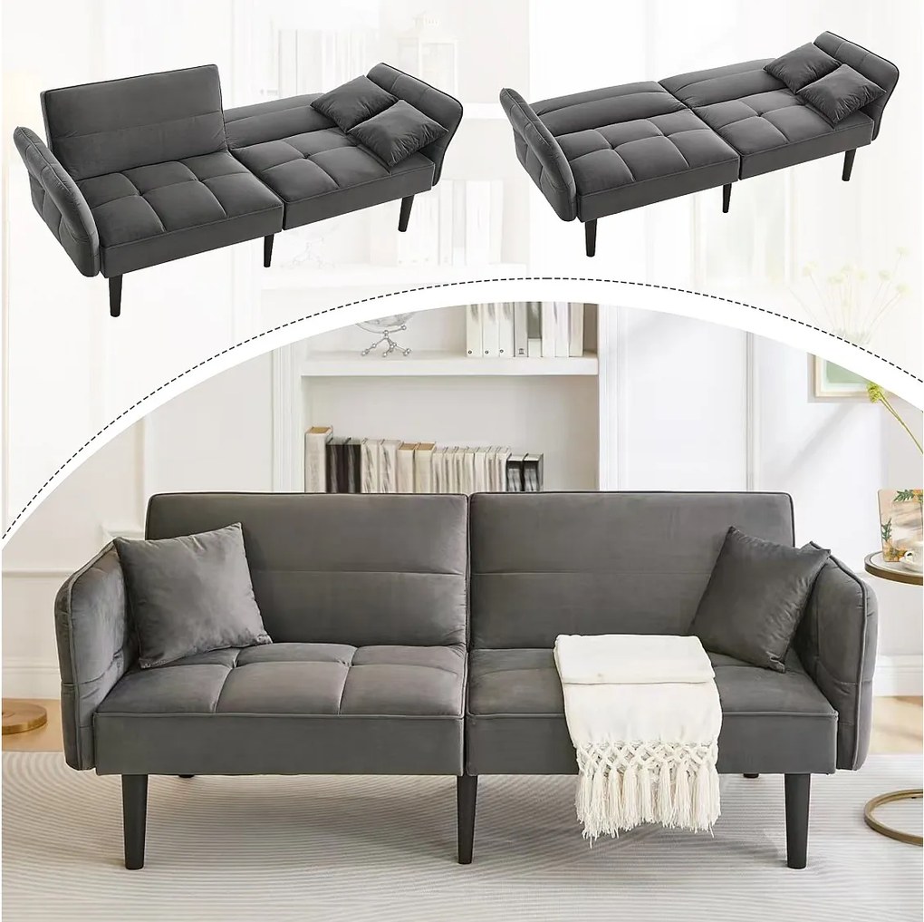 Sofa 2 w 1 z funkcją spania - 176 x 78 x 76 cm - 2-osobowa - ze składanymi podłokietnikami - aksamitna - szara