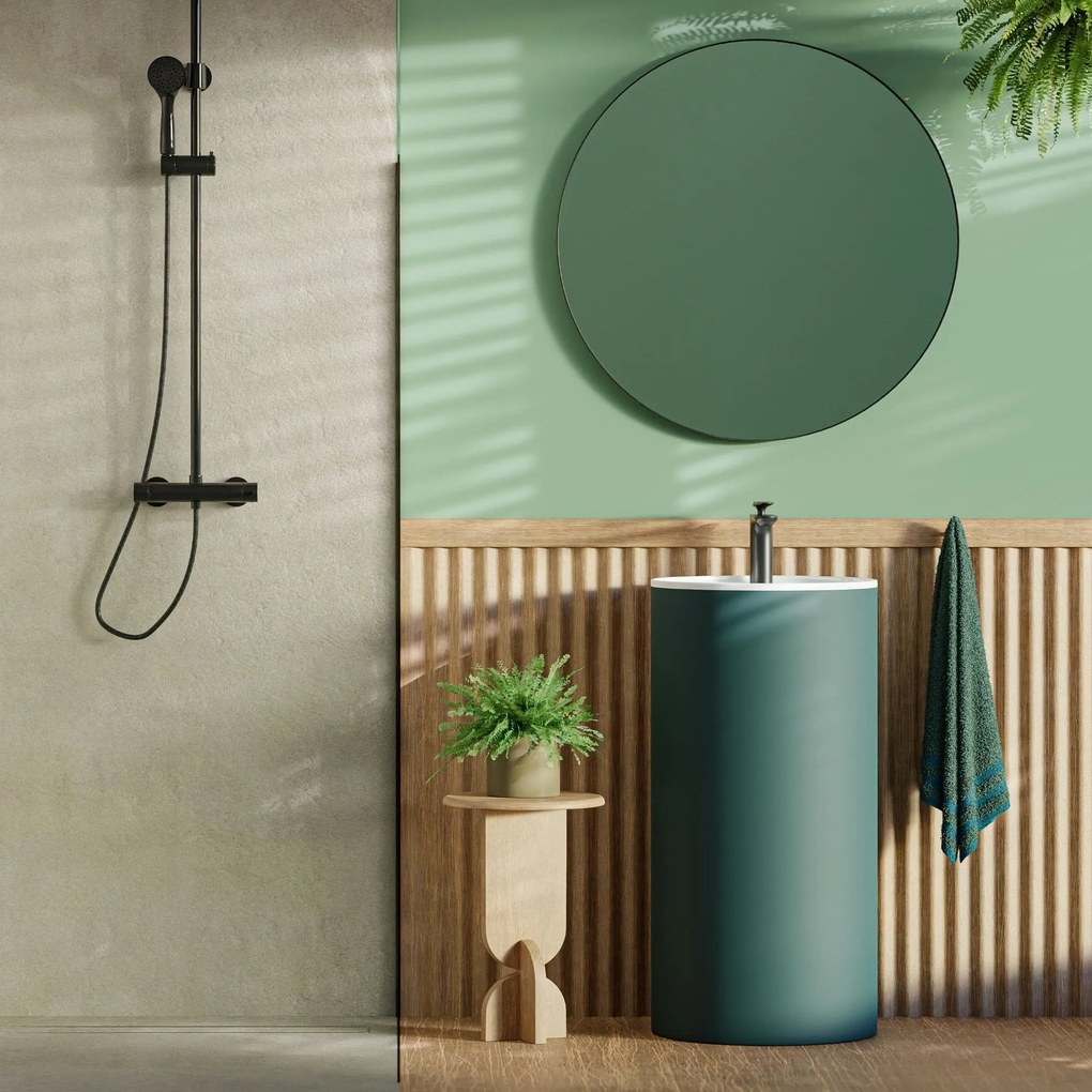 Umywalka wolnostojąca okrągła zielona matowa 87 x 44 cm KALMI GREEN MATT z otworem na baterię : Podłączenie syfonu - Do podłogi
