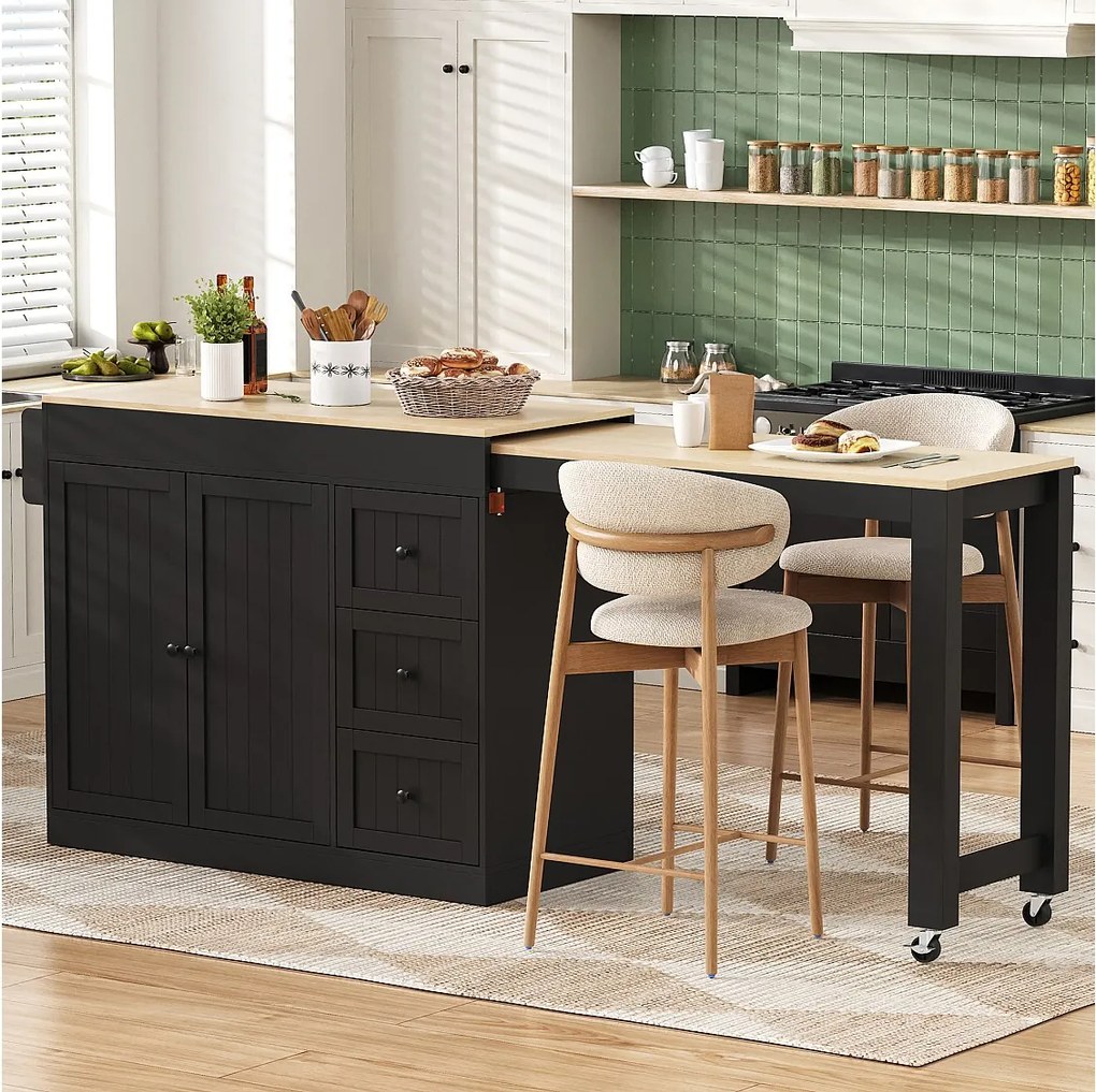 Rozkładana wyspa kuchenna na kółkach - 112/186,8 x 45 x 93 cm - z półką + 3 szufladami + 2 drzwiami - MDF - czarna