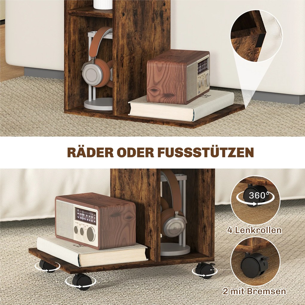 HOMCOM Stolik boczny, wózek serwisowy w kształcie C, 4 kółka, 3 przegródki, 40 x 30 x 69 cm, Rustykalny-brąz