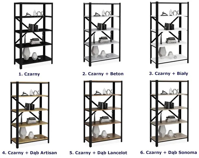 Nowoczesny regał z 5 półkami czarny + dąb artisan Zeva