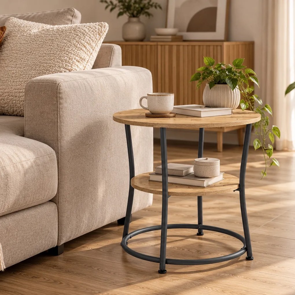 Stolik kawowy okrągły 54 cm loft z półką Faro 01, dąb artisan