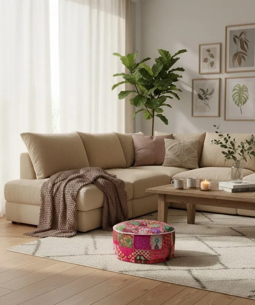 Okrągła różowa pufa patchwork T4-L56