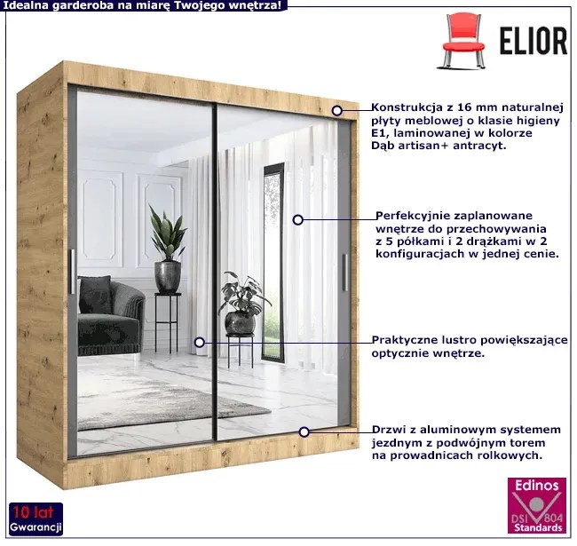 Szafa przesuwna z lustrem 180 cm dąb artisan + antracyt - Kukkin 5X